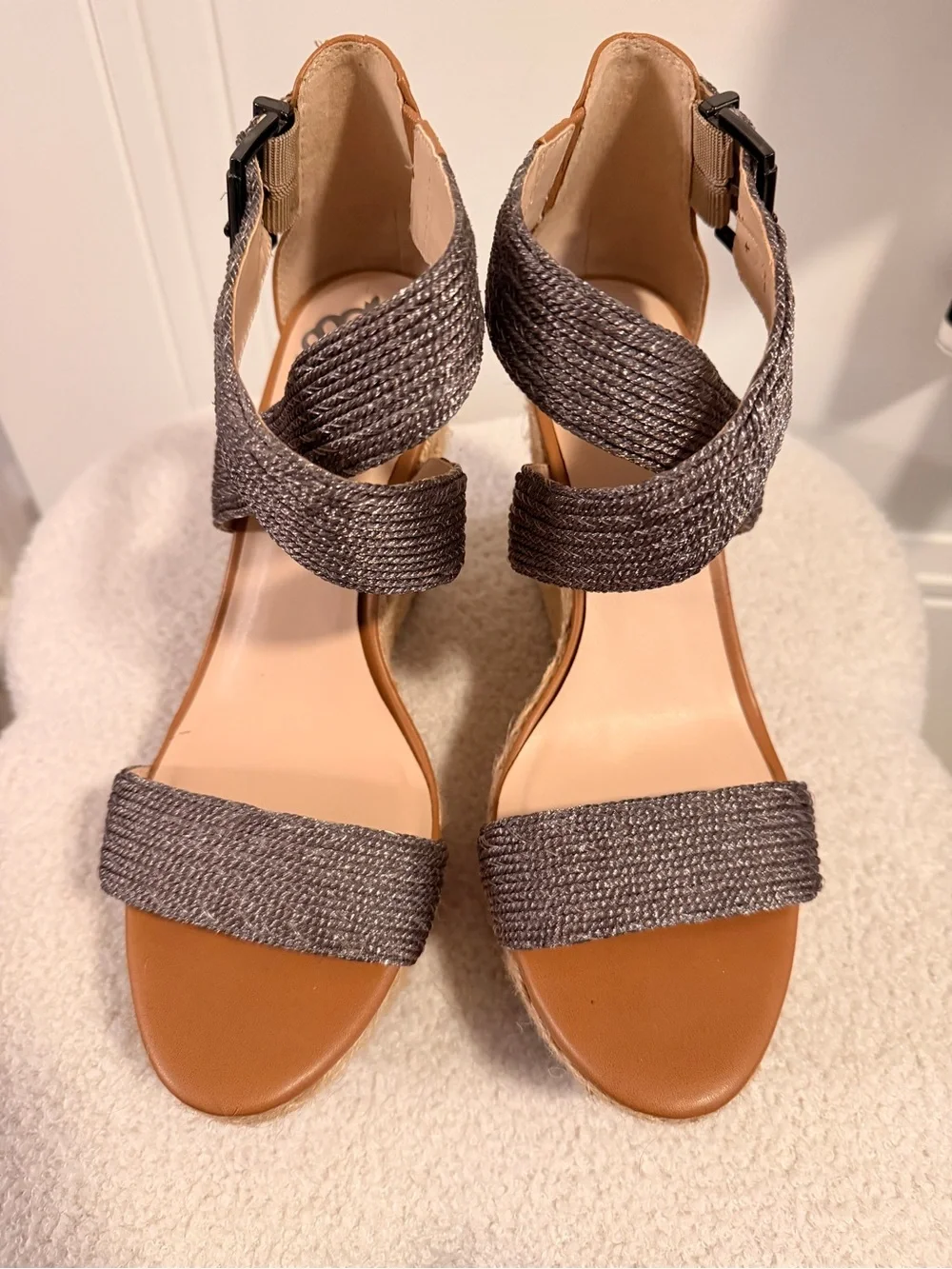 Fergalicious Wedge Espadrille Sandals with Metallic Gray Straps
